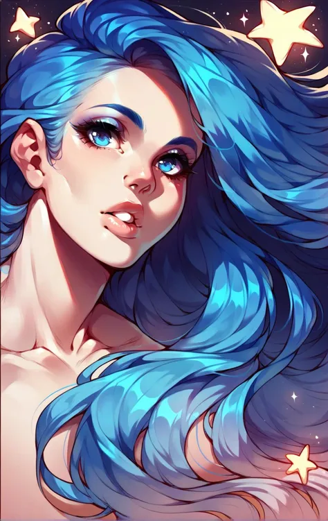 a woman with blue hair and stars in the background