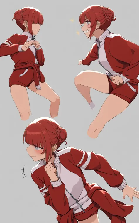 <lora:_sdxl-um-tracenjersey:0.6> red track jacket, around waist track jacket , tracenJerseyBuruma, red buruma, wedging  , 1girl, teen . flat chest , skindentation, +++ 
iridescence eyes , 
clear red hair, 
short hair , 
braided bun, 
wavy hair , 
hai...