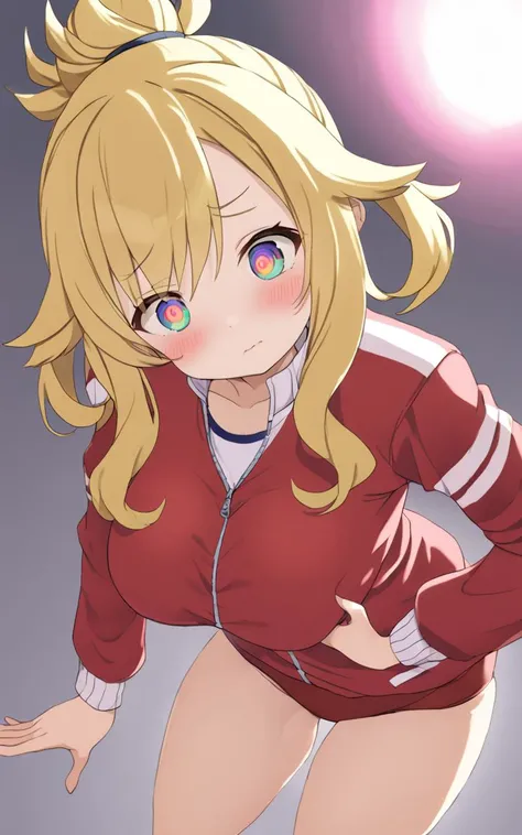 <lora:_sdxl-um-tracenjersey:0.7> red track jacket, tracenJerseyBuruma, red buruma , 1girl, petite . big breast , skindentation, +++ 
multicolored eyes odd eyes , 
- yellow hair, 
long hair , 
folded ponytail, 
wavy hair , 
asymmetrical bangs, 
hair ...