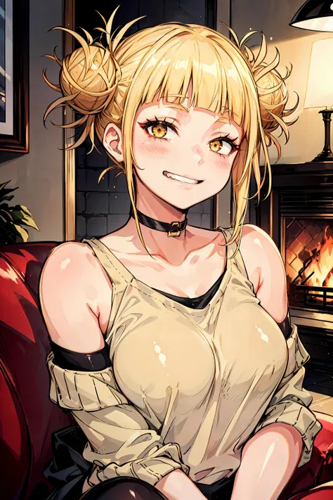 anime girl sitting on a red couch in front of a fireplace