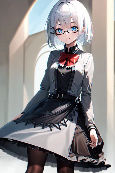 masterpiece, best quality, highres, 1girl white hair blue eyes x hair ornament, red bowtie black shirt grey jacket grey dress black skirt black belt frills black pantyhose <lora:siesta:1> (glasses:1.2), smile