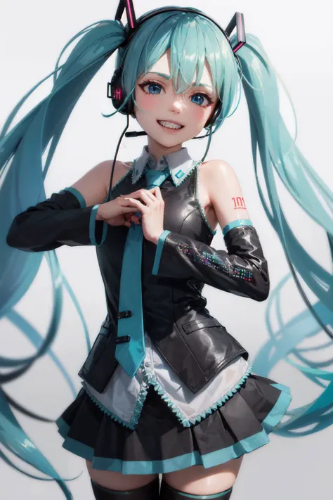 (masterpiece, best quality:1.2), <lyco:concept_fistinhand-10:1.0>, cowboy shot, solo, 1girl, hatsune miku, first in hand, grin, looking at viewer, long aqua hair, twintails, headset, sleeveless shirt, detached sleeves, pleated skirt, thighhighs