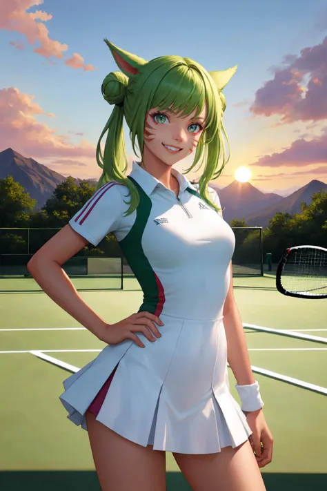 a close up of a woman in a tennis uniform on a tennis court