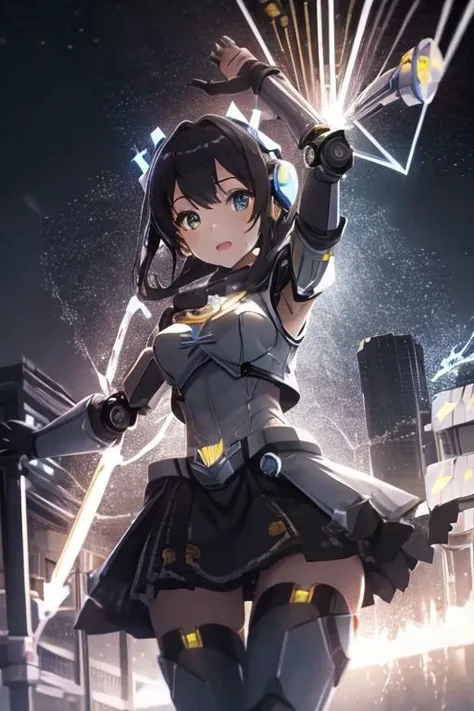 best quality masterpiece, AnchorageV4, 1girl, solo, armor, ((girl is a robot:1.3)), ((electric circuit:1.3)), ((magic, RTX, colorful, post processing)), mechanic arms, mechanical hands, fire, power, city alley, night, rain, thunder,