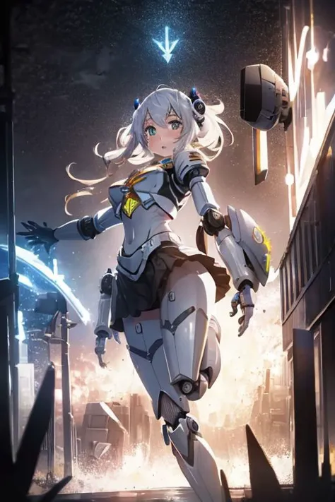 best quality masterpiece, AnchorageV4, 1girl, solo, armor, ((girl is a robot:1.3)), ((electric circuit:1.3)), ((magic, RTX, colorful, post processing)), mechanic arms, mechanical hands, fire, power, city alley, night, rain, thunder,