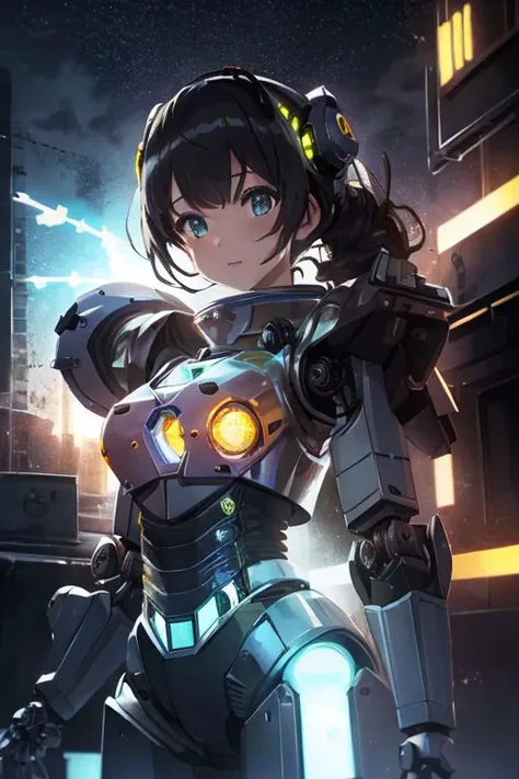 best quality masterpiece, AnchorageV4, 1girl, solo, armor, ((girl is a robot:1.3)), ((electric circuit:1.3)), ((magic, RTX, colorful, post processing)), mechanic arms, mechanical hands, fire, power, city alley, night, rain, thunder,