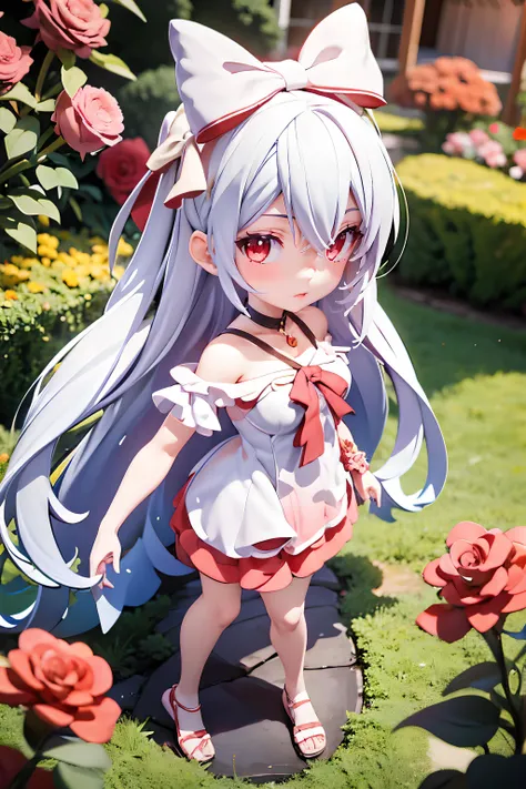 <lora:Sinestrea_AoV:0.8>, sinestrea_aov, 1girl, solo, long hair, simple background, dress, white dress, bow, bare shoulders, very long hair, white hair, hair bow, frills, parted lips, barefoot, choker, white dress, hair over one eye, red bow, blood, makeup...