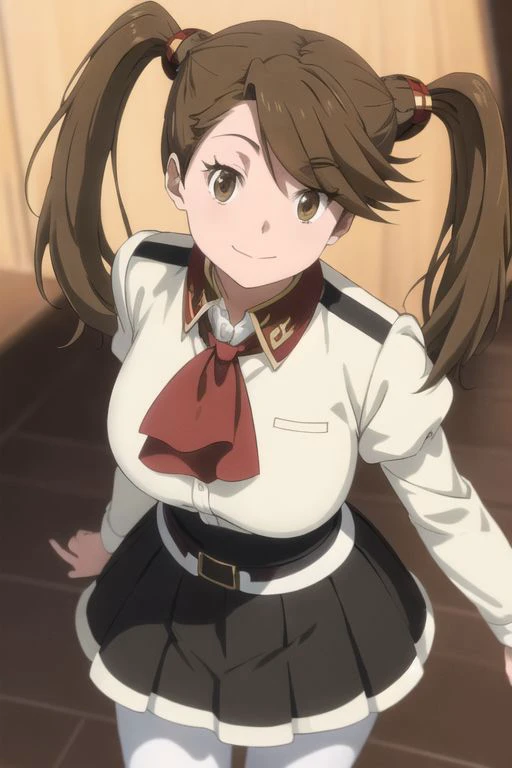 kaoruko sazaki, long hair, brown hair, hair ornament, twintails, (swept bangs:1.5), (brown eyes:1.5),
skirt, pantyhose, belt, white pantyhose, high-waist skirt, puffy sleeves, long sleeves, ascot, red ascot, black skirt,
(large breasts,:1.4),
(best quality...