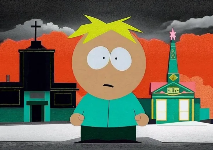 ( closeup of butters standing.:1.2) in a cemetery .  a building_egyptian in the background. ((two black pupils)).blonde hair, black eyes. <lora:buttersstotch:1> flat shading. flat colors. art  style of comedy central south park tv show.   ( best quality, h...