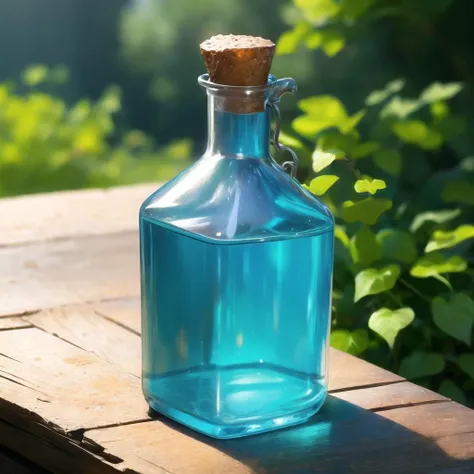 there is a blue glass bottle with a cork stopper on a wooden table