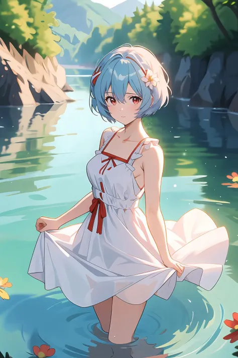 a woman in a white dress standing in a body of water