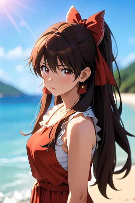 i want the whole image to be created in 3D anime style, long hair, breasts, looking at viewer, blush, bangs, multiple girls, brown hair, red eyes, dress, bow, ribbon, hair between eyes, bare shoulders, brown eyes, jewelry, medium breasts, closed mouth, hai...