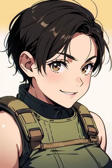 spiky bald hairstyle, short hair, mexican skin, gloves, crop top military, 1girl ,dark black hair, ((hair cut super short,)), soft Brown eyes, smile lips,