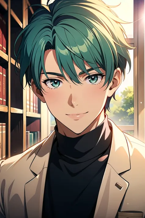 Masterpiece, best quality, intricate details, realistic, handsome male with pastel hair, pastel hair, handsome librarian, black turtleneck sweater, white cardigan, portrait, closeup, library, walls of books, solo male, male focus, gentle smile, undercut,