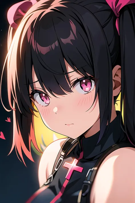 Darkness, disease, mine - type, mass - produced type, cross, ribbon, heart, slanted eyes, twintails, thick coating, black hair, pink eyes, art by Mistiqarts