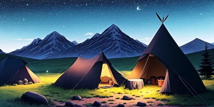 night, night time, dark, outdoors, night, scenery, no humans, sky, grass, star (sky), night sky, outdoors, starry sky, tree, tent, mountain, house