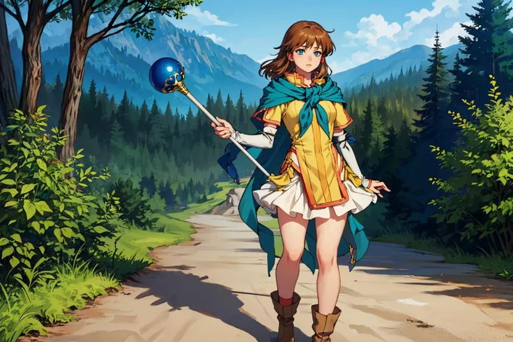 masterpiece, best quality, solo, feMist, blue capelet, yellow shirt, pleated skirt, arm warmers, white socks, boots, standing, holding a staff, wide shot, nature, blue sky, forest, rolling hills <lora:FE910 BG Style:0.8>  <lora:mist-nvwls-v1-final:1>