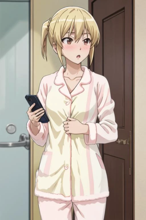 best quality, masterpiece, highres, solo, {otosuna_mihari_mangakasantoassistantsanto:1.15}, blonde_hair, short_hair, open_mouth, brown_eyes, red_eyes, blush, cellphone, phone, towel, 1girl, pajamas, smartphone, talking_on_phone