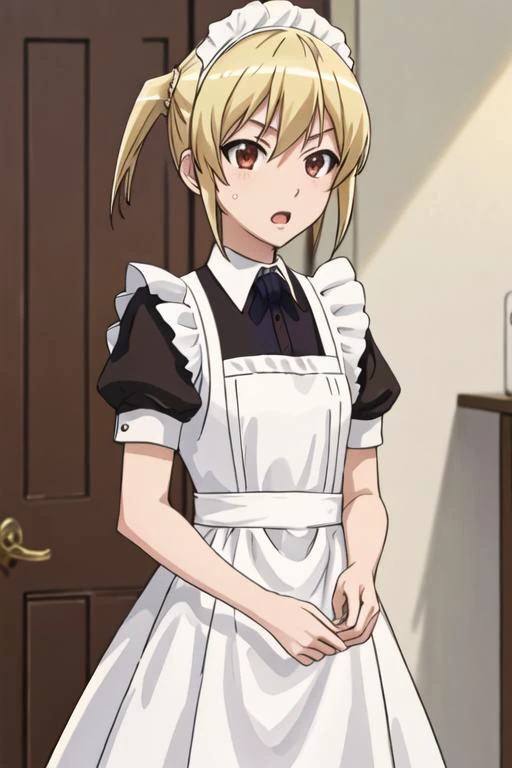 best quality, masterpiece, highres, solo, {maid:1.40}, {long maid dress:1.15}, {otosuna_mihari_mangakasantoassistantsanto:1.15}, blonde_hair, short_hair, open_mouth, brown_eyes, red_eyes