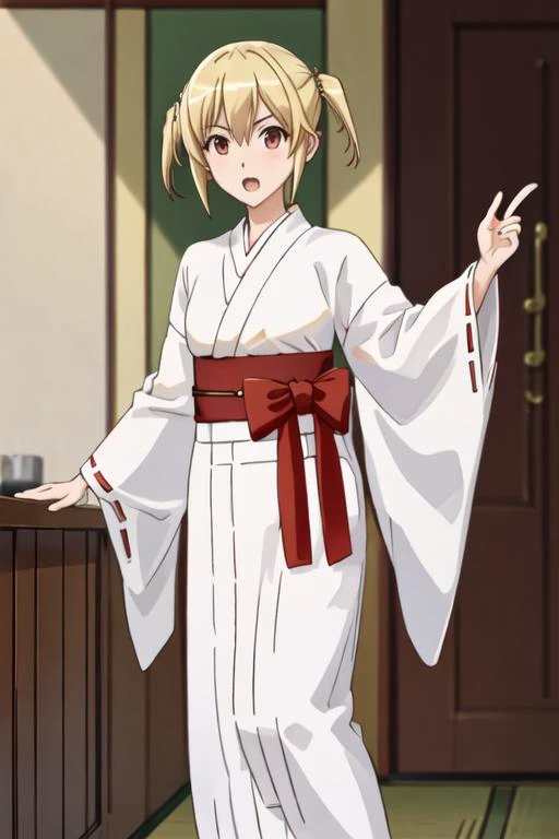 best quality, masterpiece, highres, solo, {white kimono:1.35}, {red hakama:1.35}, {wide sleeves:1.20}, {otosuna_mihari_mangakasantoassistantsanto:1.15}, blonde_hair, short_hair, open_mouth, brown_eyes, red_eyes