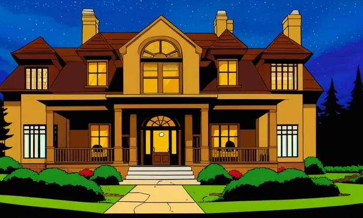 xmtas1997, cartoon, flat colors, best quality, masterpiece, trending on arstation, mansion, night, large brown manor, dark, school,