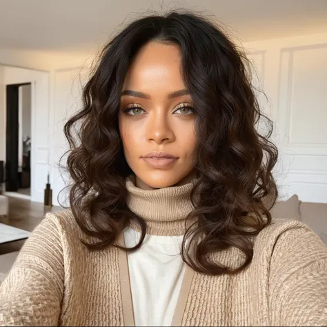 a close up of a woman with a turtle neck sweater and a sweater