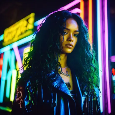 a woman with long hair standing in front of neon signs