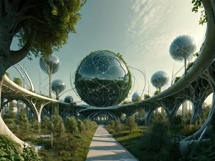 architectural panorama, dyson sphere, ecological design, utopian, biotech city organically grown from trees and fractal vines, fantastical organic structures, futuristic biological metropolis, lush green vegetation, bioluminescence city lights,  curved hor...