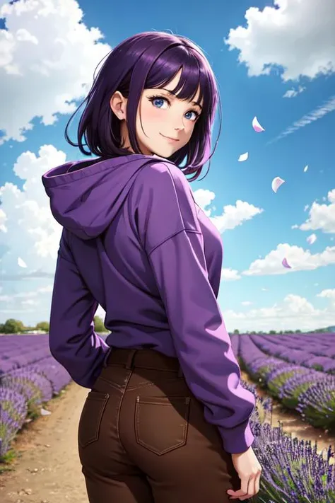 best quality,masterpiece, high res,original, beautiful detailed eyes,ultra-detailed,masterpiece, absurdres , (intricate details), (colorful),cinematic lighting,extremely detailed CG unity 8k wallpaper ,hinata(boruto), 1girl, solo, purple hoodie ,brown pant...