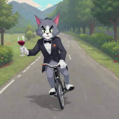 (pixel art:1.35), (tom cat:1.35), holding a glass of wine, (in a tuxedo,:0.75), riding a bike down a road, handlebars,