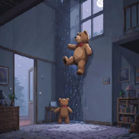 gigantic 20 foot teddy bear shoved into the corner of the room in a modern loft apartment, muted volumetric moonlight falls from the window on the left, pixel art
