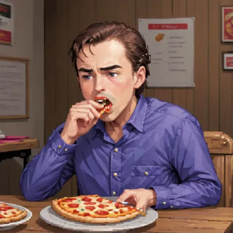 A nan who appears to be enjoying a slice of pizza. (He  putting slice of pizza into mouth).  The man is wearing a plaid shirt and is seated at a wooden table. There is another pizza on the table in front of him, indicating that he might be having a meal wi...