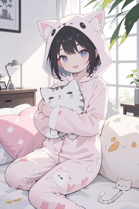 anime girl in pajamas holding a cat and a kitten