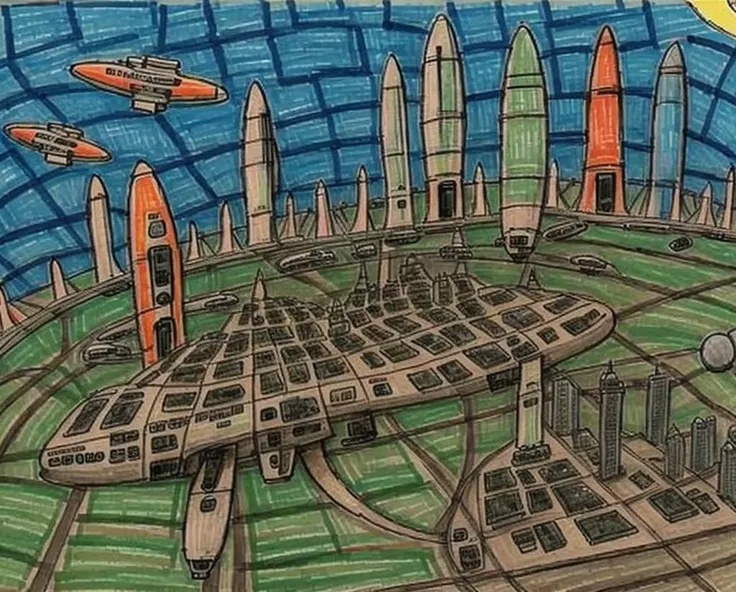 Edwerd, drawing of scifi city in the future with spaceships flying all over the background, marker drawing <lora:Edwerd:1>