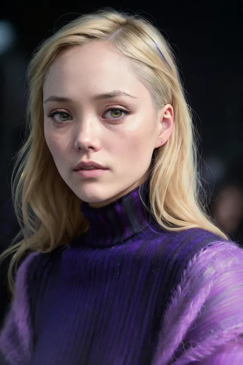 portrait photo of pomKlem1,(blue and purple striped fuzzy sweater), (dirty blonde hair), alluring portrait, intricate, highly detailed, digital painting, artstation, concept art, naughty, sharp focus, cinematic lighting, illustration, art by artgerm and gr...