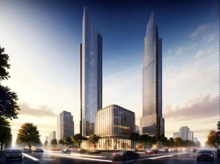 rendering of a large skyscraper with a glass facade and a street