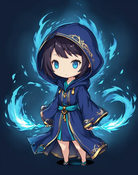 a cartoon character of a girl in a blue robe and a hoodie