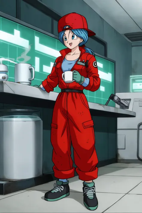 a close up of a person in a red uniform standing in a kitchen