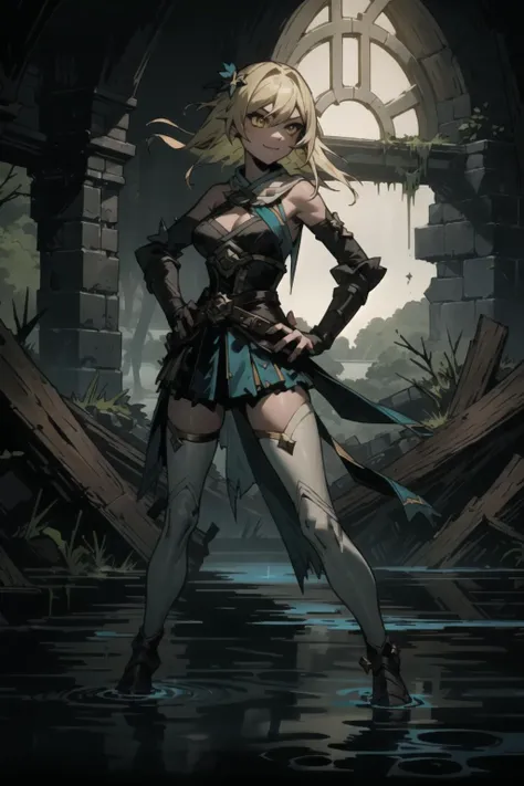 ddstyle, darkest dungeon, ((masterpiece, best quality)), ultra-detailed, luminedef, thighs, white thighhighs, 1girl, female, feminine, mature female, blonde hair, serious, smile, ((lake)), forest, ruins, large breast, wide hips, yellow eyes, cowboy shot, s...