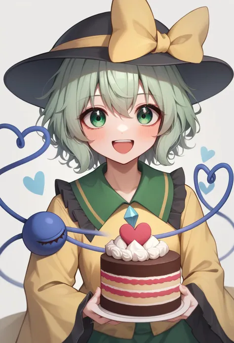 anime girl with a cake and a hat holding a heart