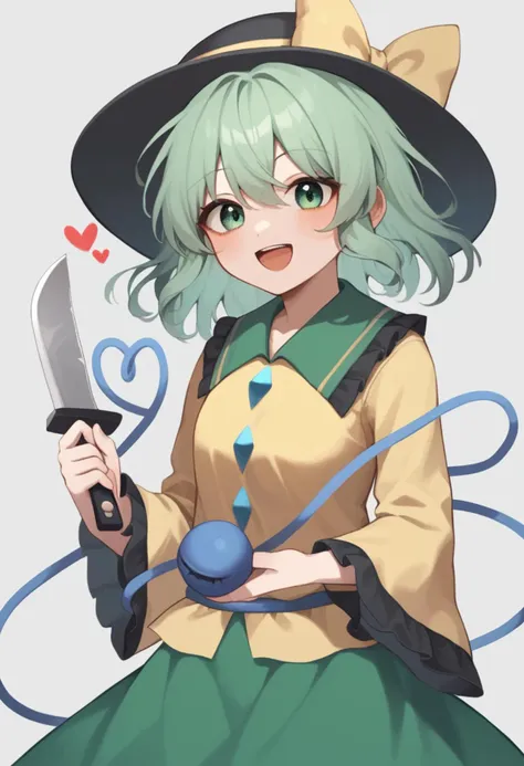 a close up of a person holding a knife and a hat