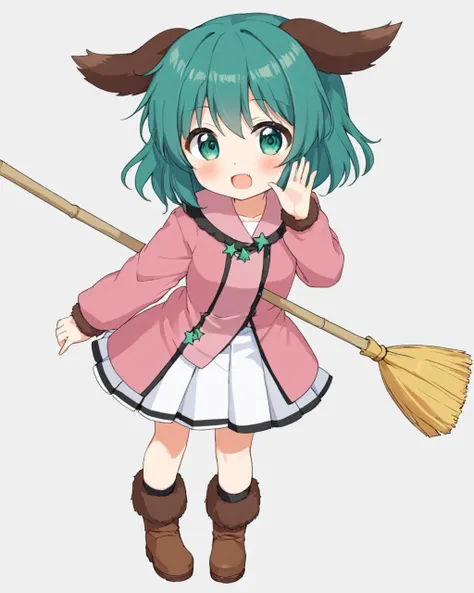 a cartoon girl with green hair and a pink coat holding a broom