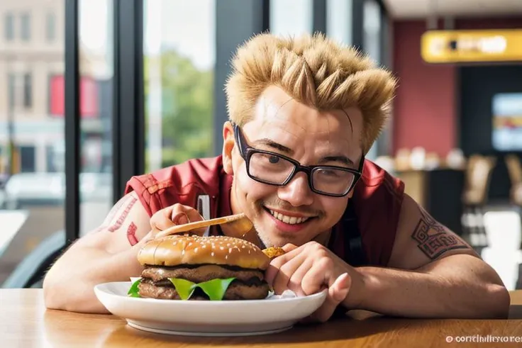 arafed man with glasses eating a hamburger and a fork