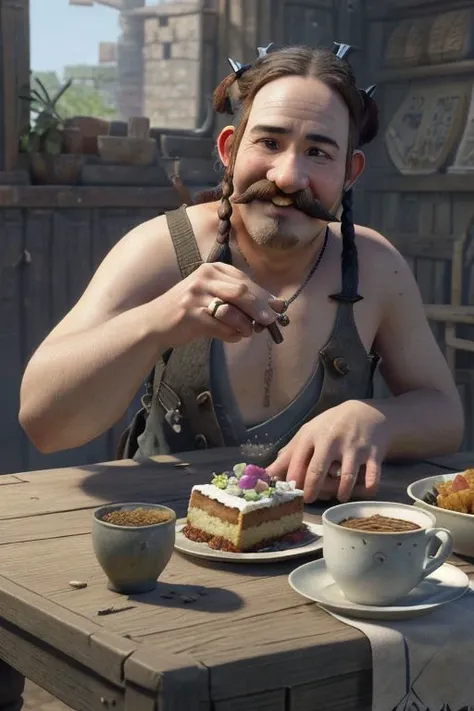 there is a man with a mustache eating a piece of cake