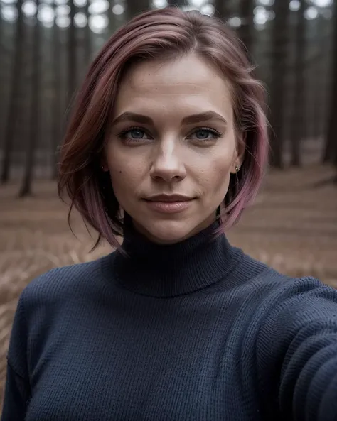 arafed woman with pink hair taking a selfie in a forest