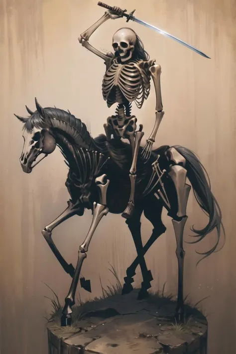 a close up of a skeleton riding a horse with a sword