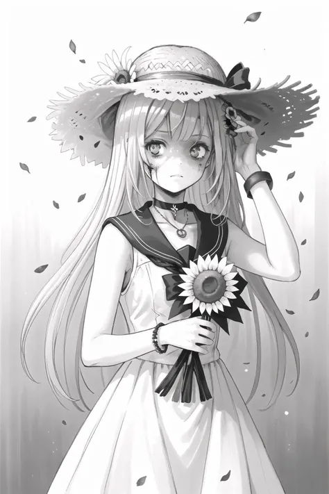 1girl, lineart, monochrome, hat, flower, greyscale, sunflower, solo, long hair, dress, looking at viewer, straw hat, jewelry, petals, hand on headwear, holding, bracelet, transparent background, ribbon, sailor dress, holding flower, sailor collar, choker, ...