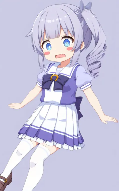 Bashful school <lora:sdxl-um-trauniform:0.7>  trasumuni ( summer tracen_school_uniform (white sailor collar) white skirt white thighhighs) darkblue_bowtie, (skyblue short sleeve blouse), darkblue back bowtie , 1girl, petite child innocent ankle-biter . med...