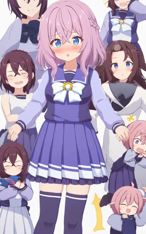 <lora:sdxl-um-trauniform:0.7> trawinuni, winter tracen_school_uniform,  purpleblue sailor collar, purpleblue skirt, darkblue thighhighs, white_bowtie, skyblue_long sleeve blouse, white back bowtie , Overjoyed, school, 1girl, child . medium breast , skindan...