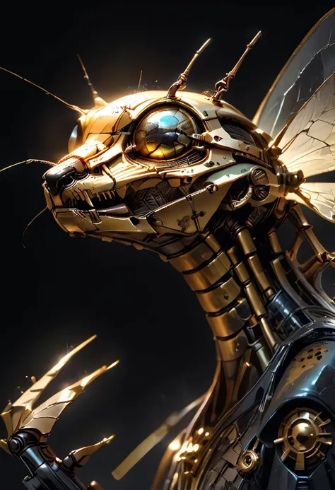 a close up of a metal sculpture of a dragon with a gold face